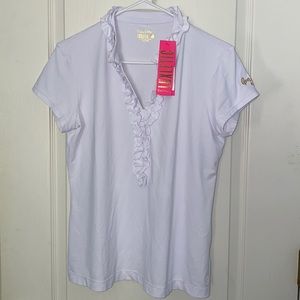Lilly Pulitzer Frida Ruffle Polo UPF 50+ Avalon Embroidery Resort White